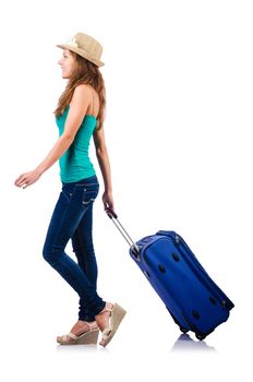 young girl with suitcase on white