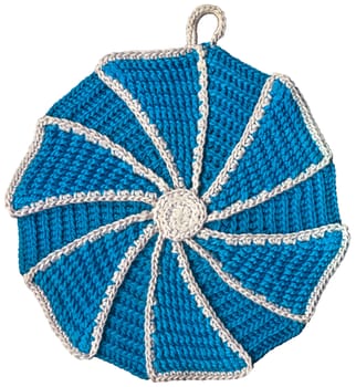 Blue and white handmade wool pot holder isolated on white background

