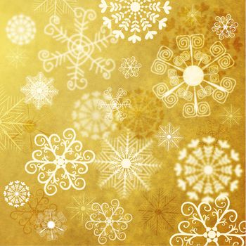 Old yellow christmas paper with stylization lacy snowflakes 
