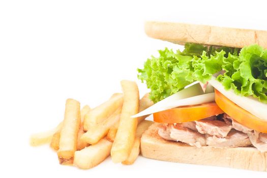 Tuna sandwich with french fries on white isolated