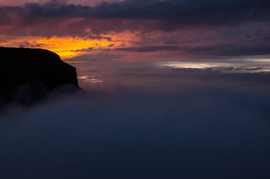 Sunset in the Nevado del Ruiz national park in Colombia.