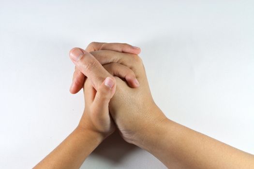 Hand mother and child. on white background.