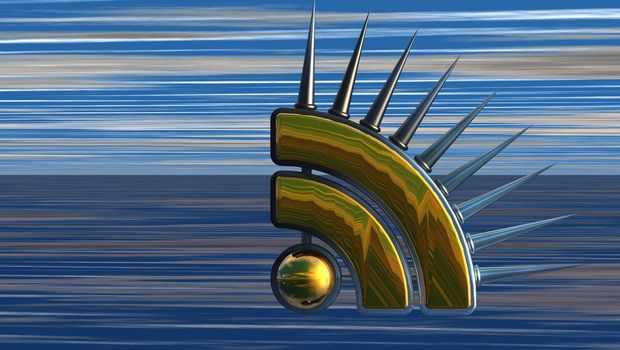 rss symbol with prickles on abstract background - 3d illustration