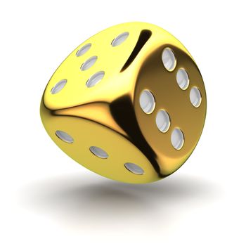 One big golden dice on the white background