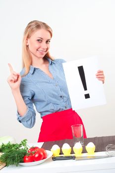 woman holding a plate with exclamation mark