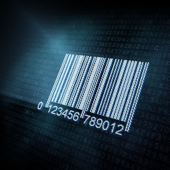 Pixeled barcode illustration on digital screen, 3d render