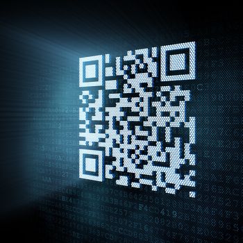 Pixeled QR code illustration on digital screen, 3d render