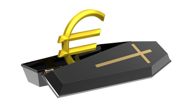 Euro in black coffin, isolated on white, 3d render, crisis in the Eurozone