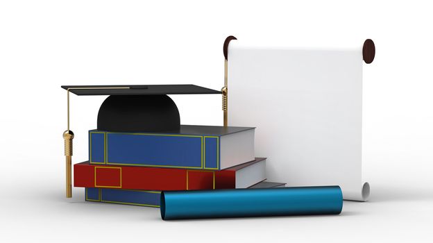 Bachelor cap, diploma and books for the student isolated on white
