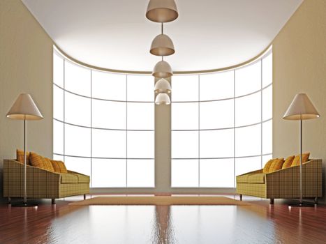 A large room with a big window
