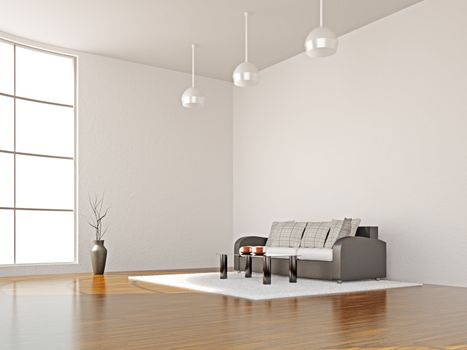 A room interior with sofa and table