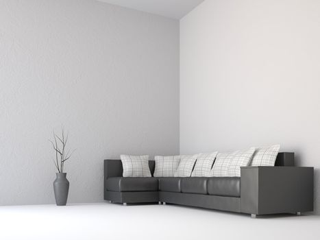 Sofa with white pillows near the wall