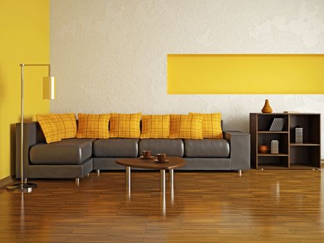 A room interior with a leather sofa