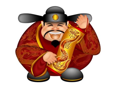 2013 Chinese Prosperity Money God Holding Scroll with Text Wishing Happiness and Wealth with Golden Snake in Scroll Illustration
