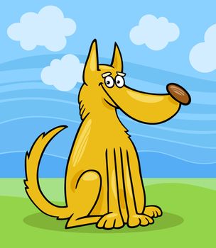 Cartoon Illustration of Funny Mongrel Dog against Blue Sky and Green Grass