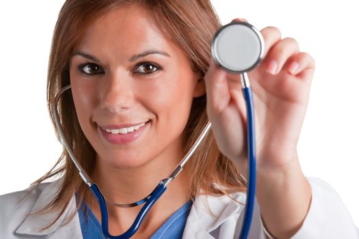 Young female doctor with scrubs and a stethoscope