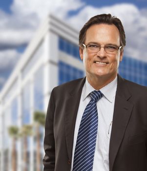 Handsome Businessman in Suit and Tie Smiling Outside of Corporate Building.