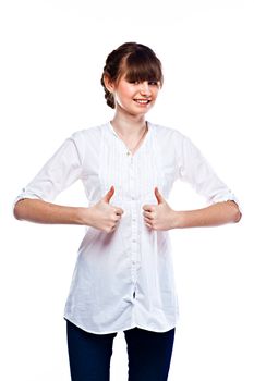 Young and funny girl in a white shirt and dark blue jeans