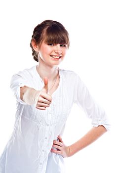 Young and funny girl in a white shirt and dark blue jeans