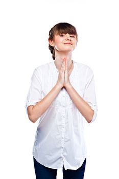 Young and funny girl in a white shirt and dark blue jeans