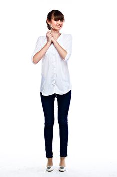 Young and funny girl in a white shirt and dark blue jeans