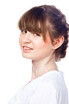 Young and funny girl in a white shirt and dark blue jeans