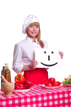 beautiful woman hold sign with smile, over white background