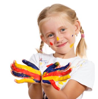 girl with painted hands, draw hands, isolated on white background