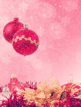 red christmas background with red balls and snowflakes