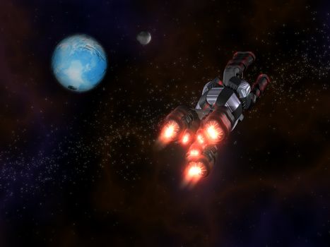 Back view of Black and Red Space Ship in Action in Space with two planets