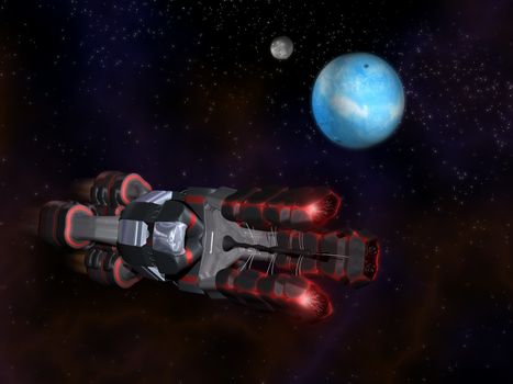 Side view of Black and Red Space Craft in Action in Space with two Planets