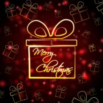 abstract red background card with golden presents boxes and text Merry Christmas 