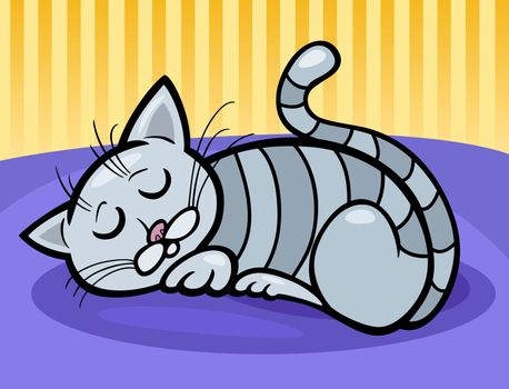 Cartoon Illustration of Gray Tabby Cat Sleeping at Home