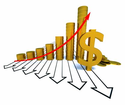 Arrowed coins chart isolated on the white, dollar sign