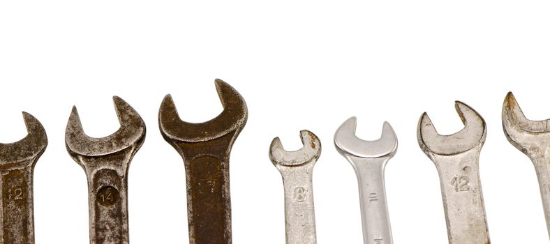 set different size combination wrench screw tools isolated on white background.
