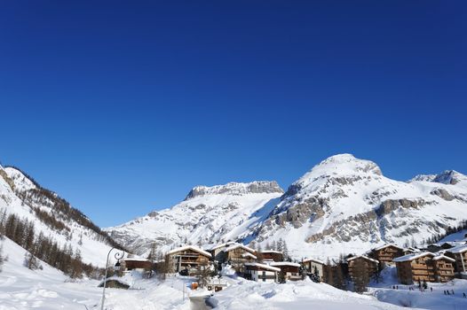 Mountain ski resort with snow in winter, Val-d'Isere, Alps, France