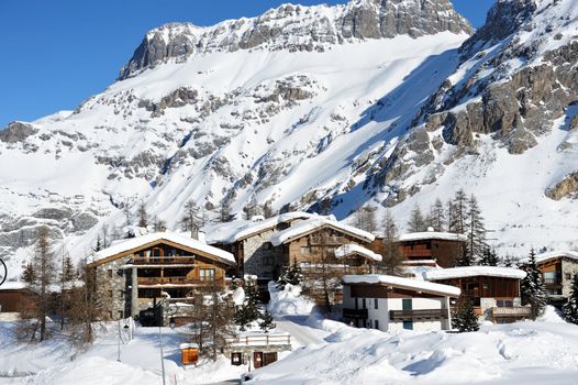 Mountain ski resort with snow in winter, Val-d'Isere, Alps, France