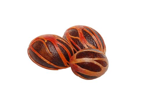 Three whole nutmeg seeds covered in mace, isolated on a white background