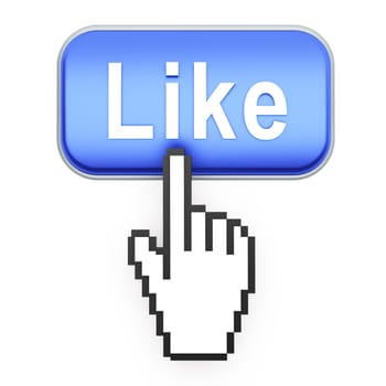 Hand-shaped mouse cursor press Like button on white background
