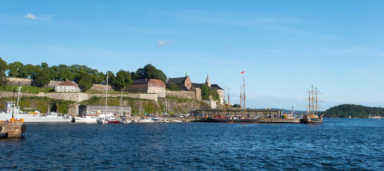 View on Oslo Fjord harbor and Akershus Fortress, Oslo, Norway
