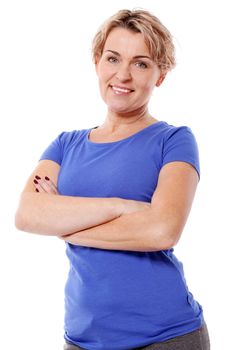 Portrait of middle aged woman smiling isolated on a white