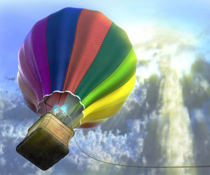 flying aerostat with basket, sun flare and cloud layer, and place for text