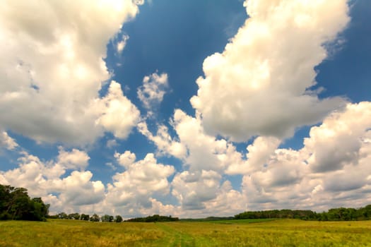 Big Sky of Puffy Cumulus Clouds Over the Countryside