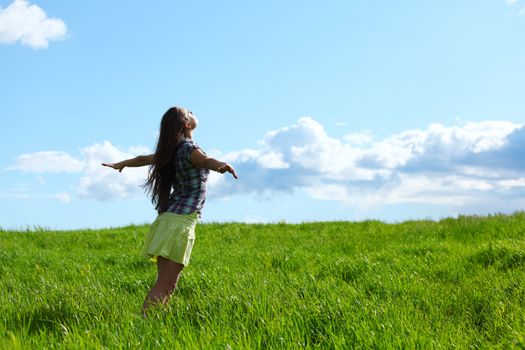 summer woman fly in blue sky