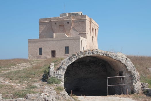 Coastal watchtower with ancient pre-romanic oven on the Adriatic coast, Italy
