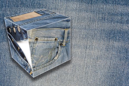 Collage about blue jeans with a copy space and cubes 