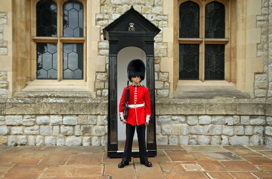 Grenadier guards at attention in full guard duty
