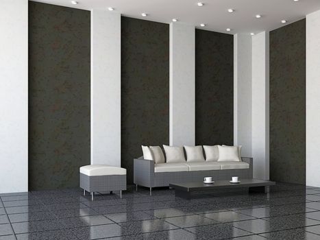 Sofa and the pouf near the wall 