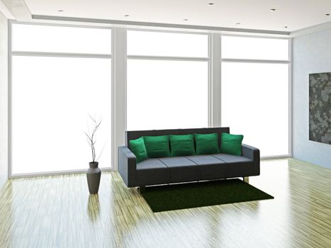 A room interior with sofa and vase