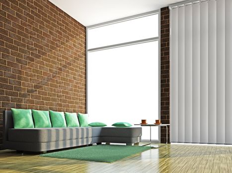 A room interior with sofa and table